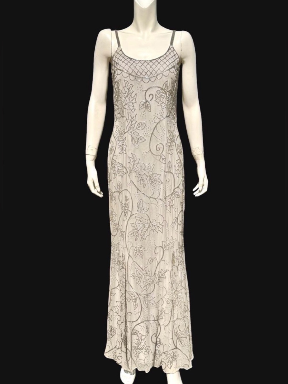 Vintage CACHE BEADED DRESS 100% Silk Gray Metallic Silver Beading Beads LARGE L - Picture 3 of 17